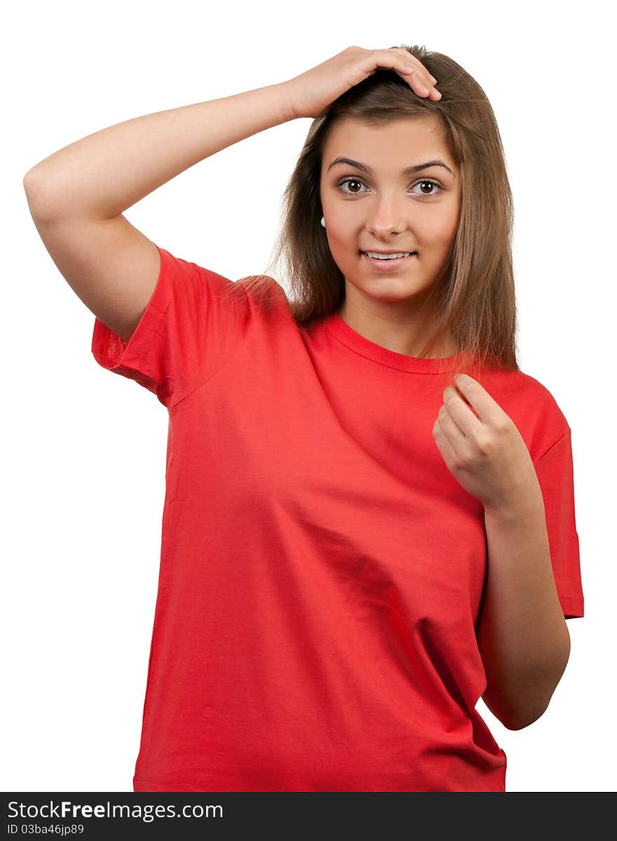 Portrait of the brunette in a red sweater isolated on a white background