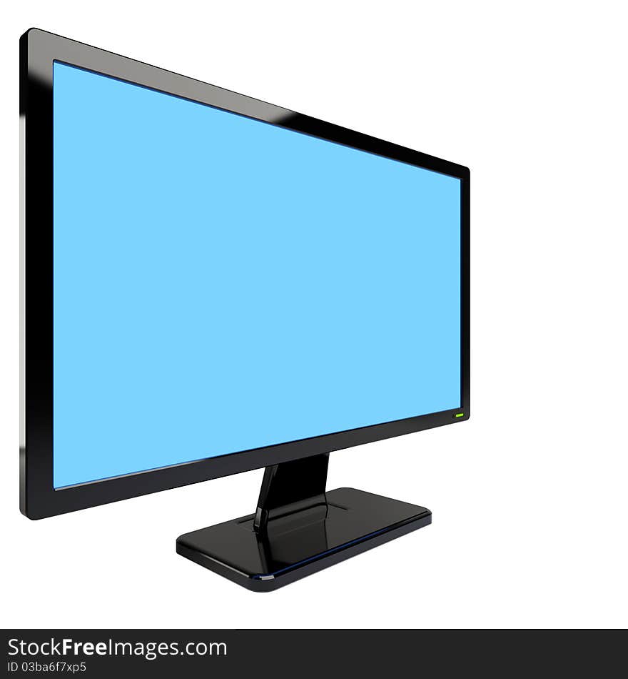 Monitor on the left. Unfolded on forty five degrees. Isolated in a studio on a white background