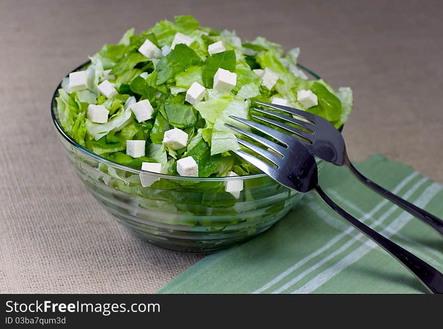 Romain Lettuce iand Tofu n a Glass Bowl. Romain Lettuce iand Tofu n a Glass Bowl