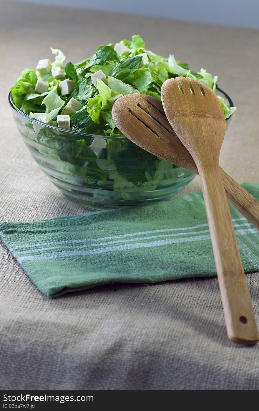 Romain Lettuce, Spinach and Tofu in a Glass Bowl. Romain Lettuce, Spinach and Tofu in a Glass Bowl