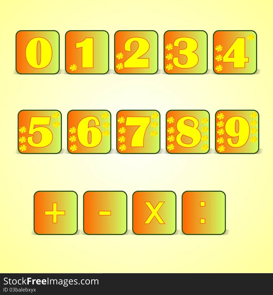 Numbers from zero to nine and the main symbols in arithmetic, vector format. Numbers from zero to nine and the main symbols in arithmetic, vector format