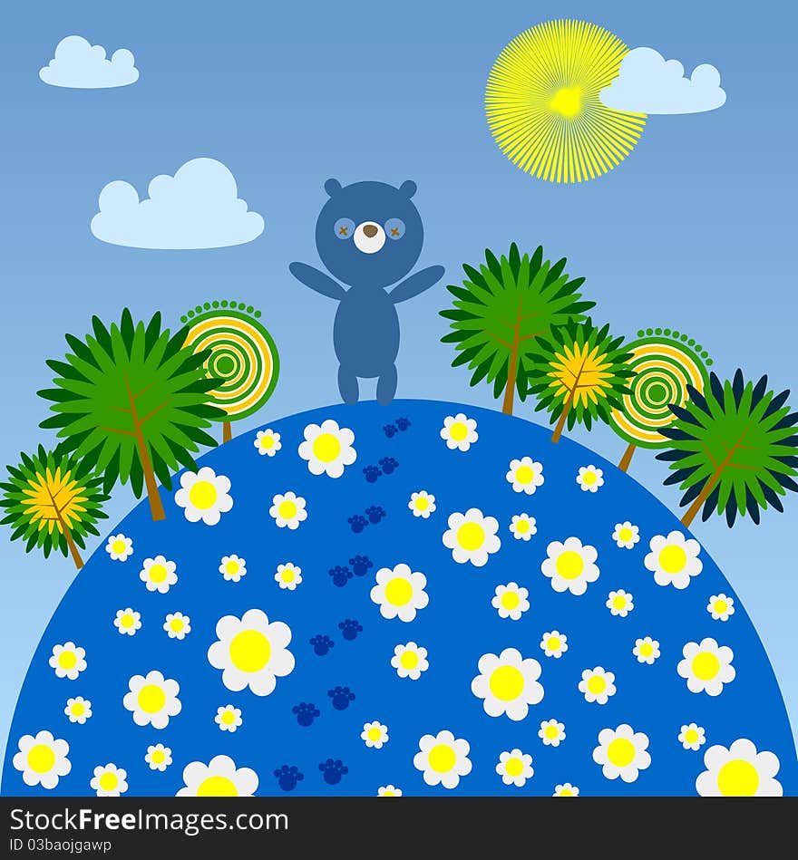 Summer day cartoon with flowers and a cute little blue bear. Summer day cartoon with flowers and a cute little blue bear