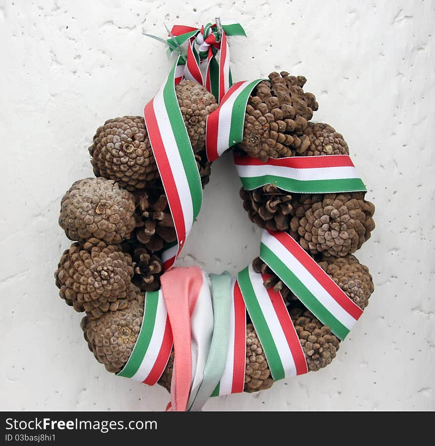 Cone wreath with hungarian national coloured band. Cone wreath with hungarian national coloured band.