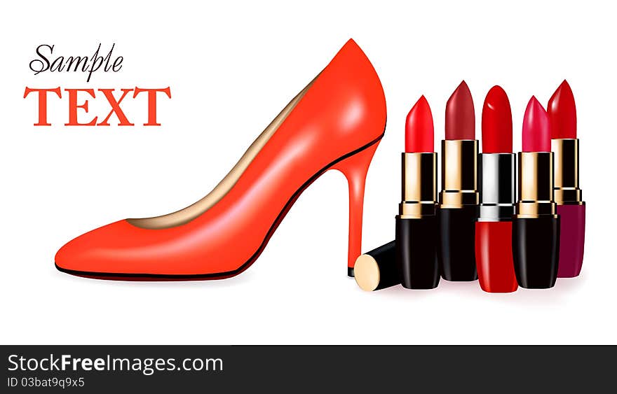 Sexy high heel shoe and group of lipsticks.