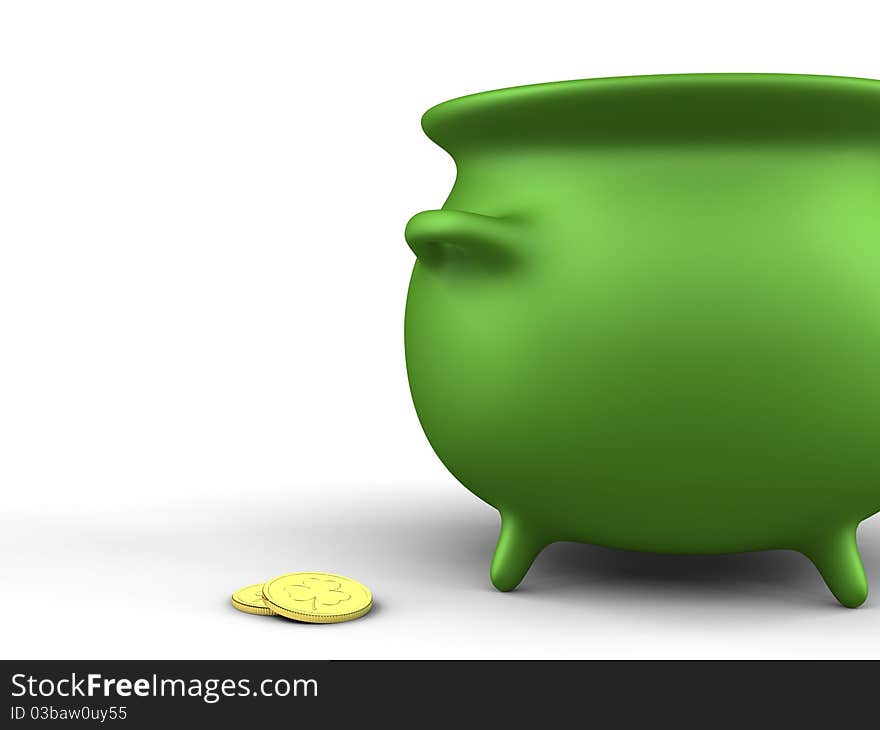 A render of a green pot and coins over white