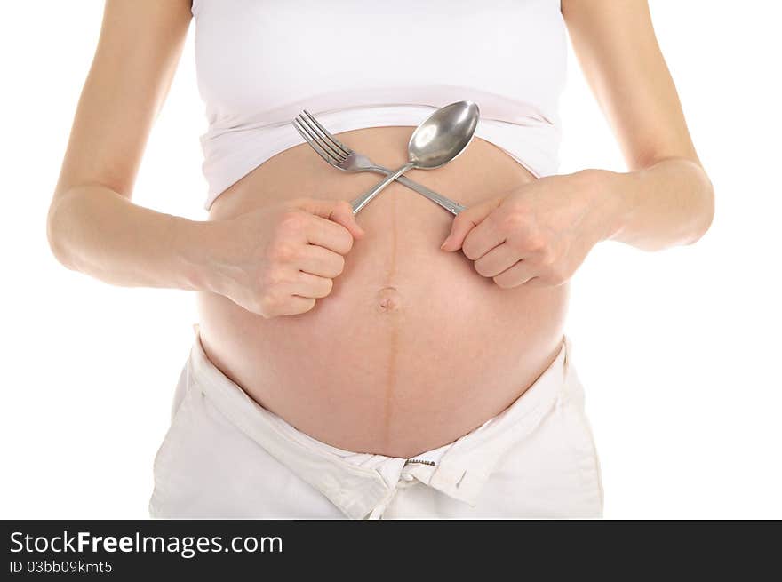 Stomachs Of Pregnant Women With A Spoon And Fork