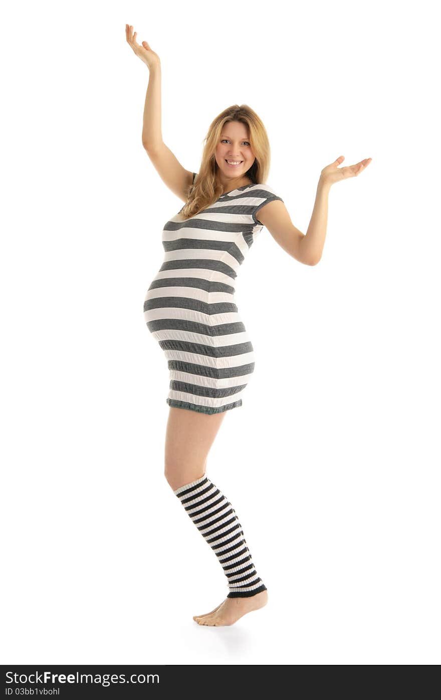 Happy Pregnant Woman In A Striped Dress