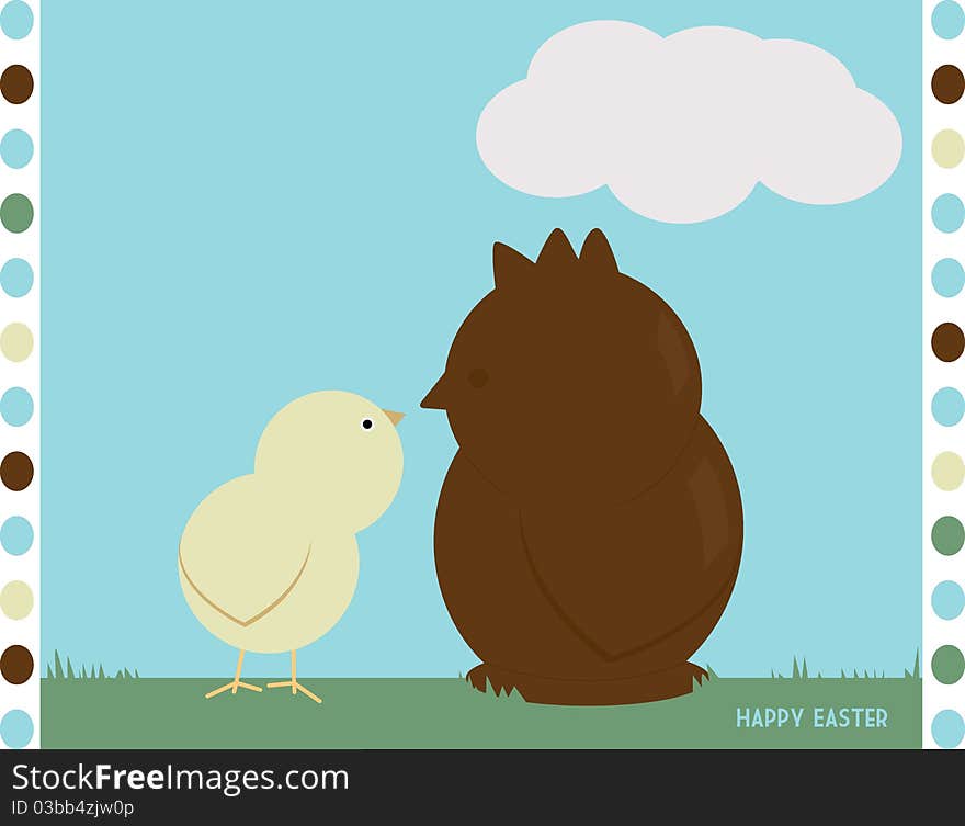 Vector drawing of a small yellow chick curiously looking at a chocolate hen. Vector drawing of a small yellow chick curiously looking at a chocolate hen.