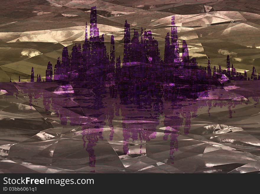 Abstract city reflected in foil wrapper render illustration. Abstract city reflected in foil wrapper render illustration