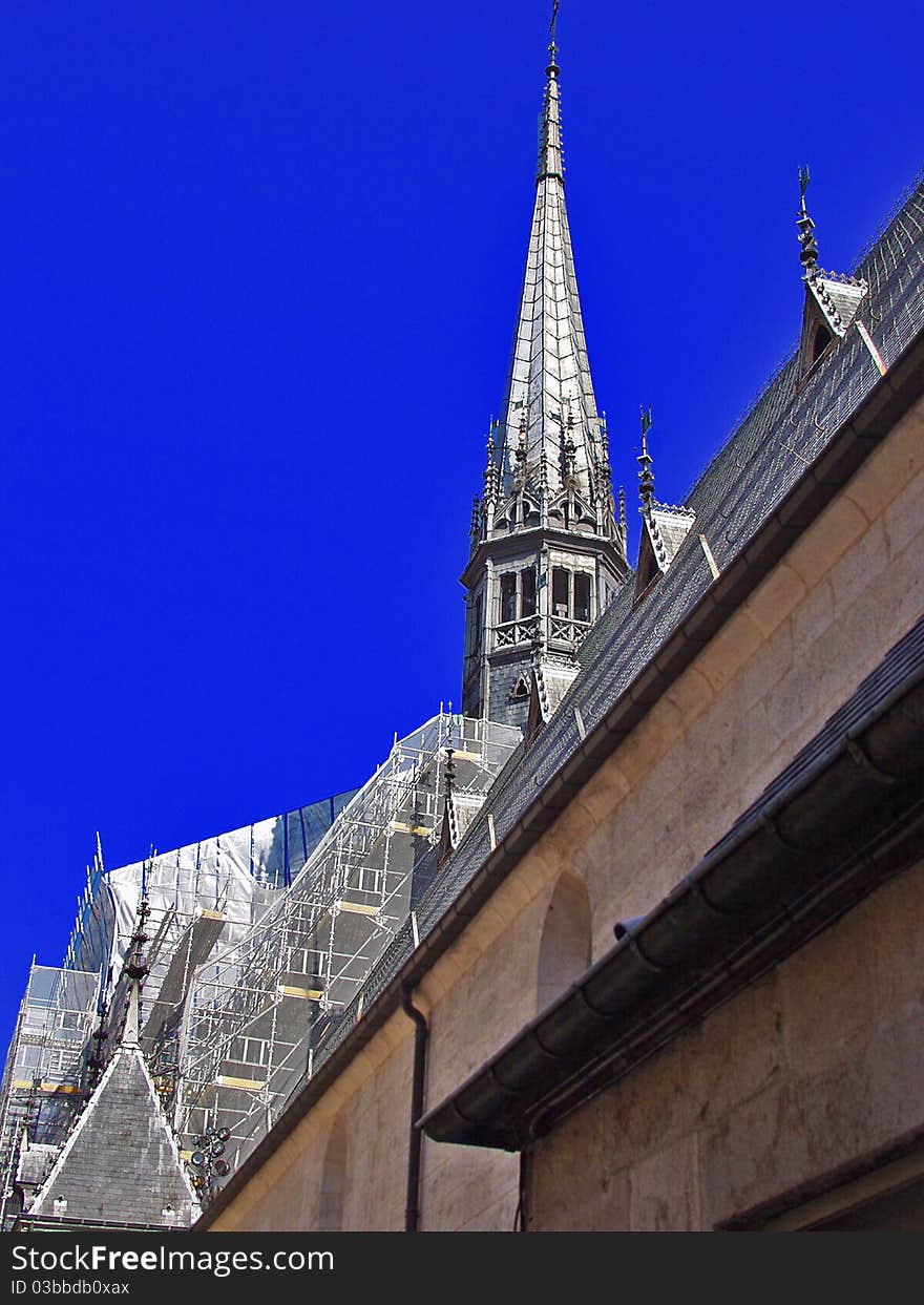 Restoration of historic buildings. Scaffolding around the building