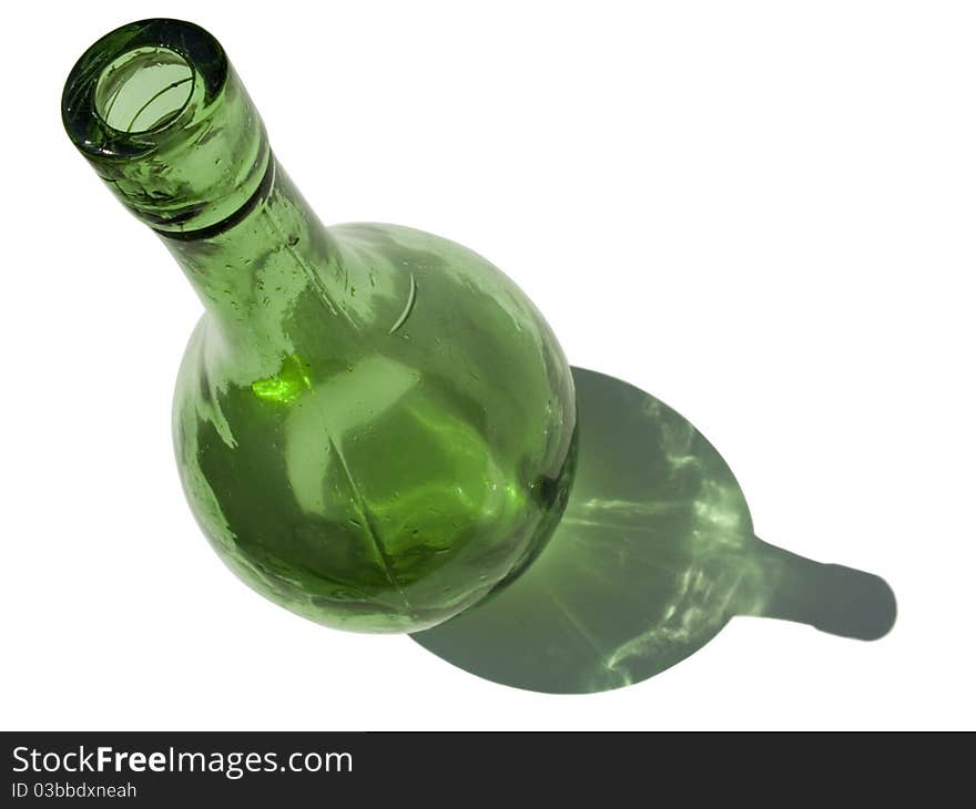 Green bottle with shadow on white