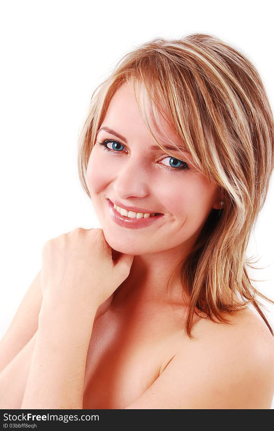 Portrait of beautiful young girl on white background