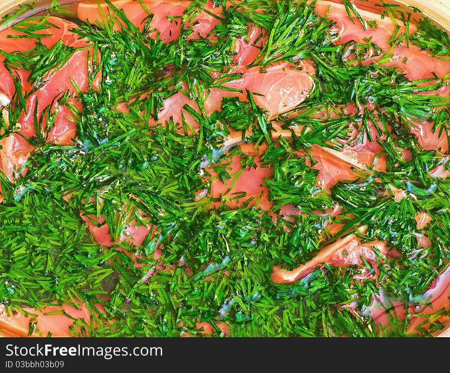 Juicy meat with dill, closeup. Juicy meat with dill, closeup