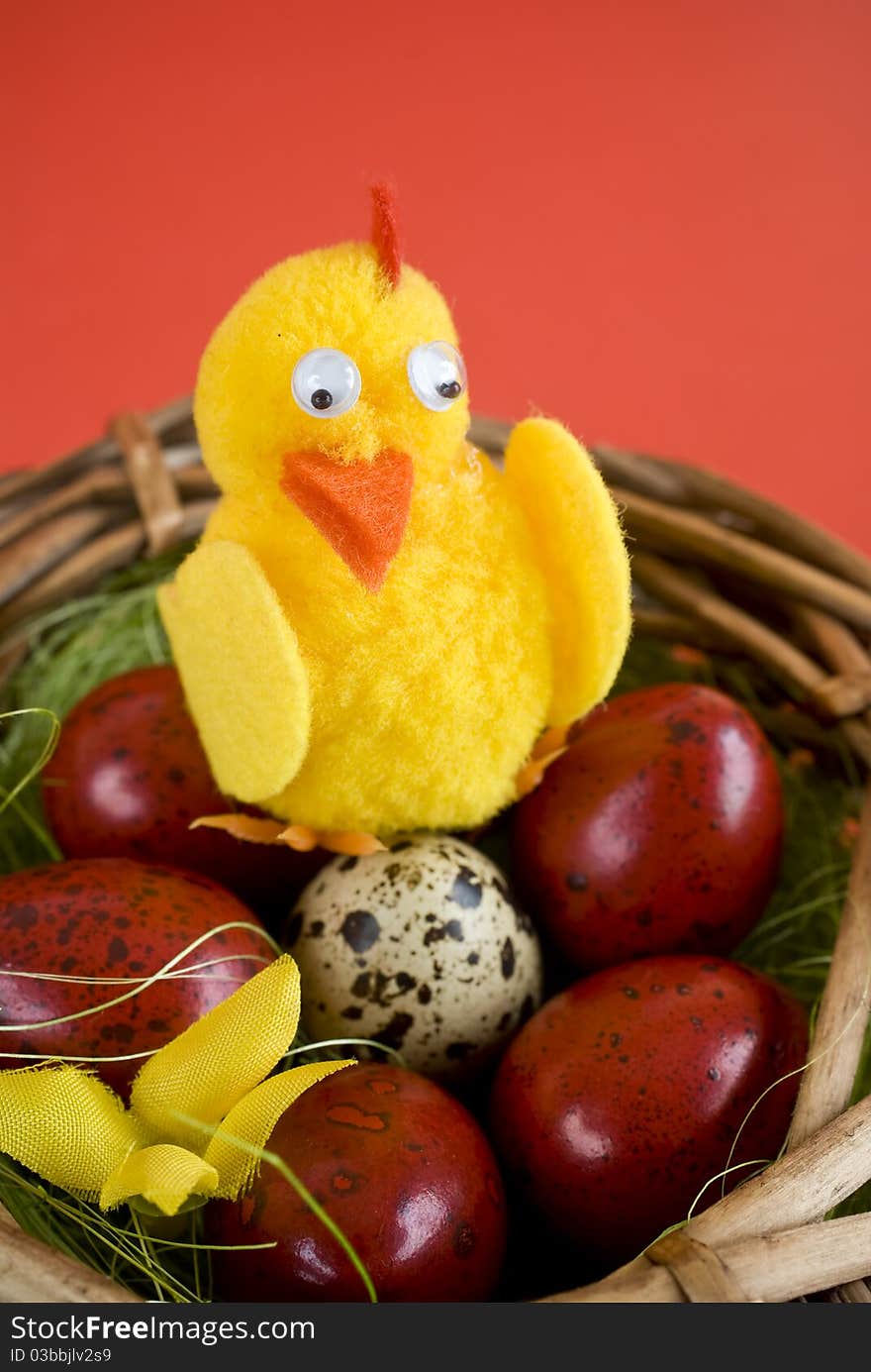 Easter eggs and artificial chicken