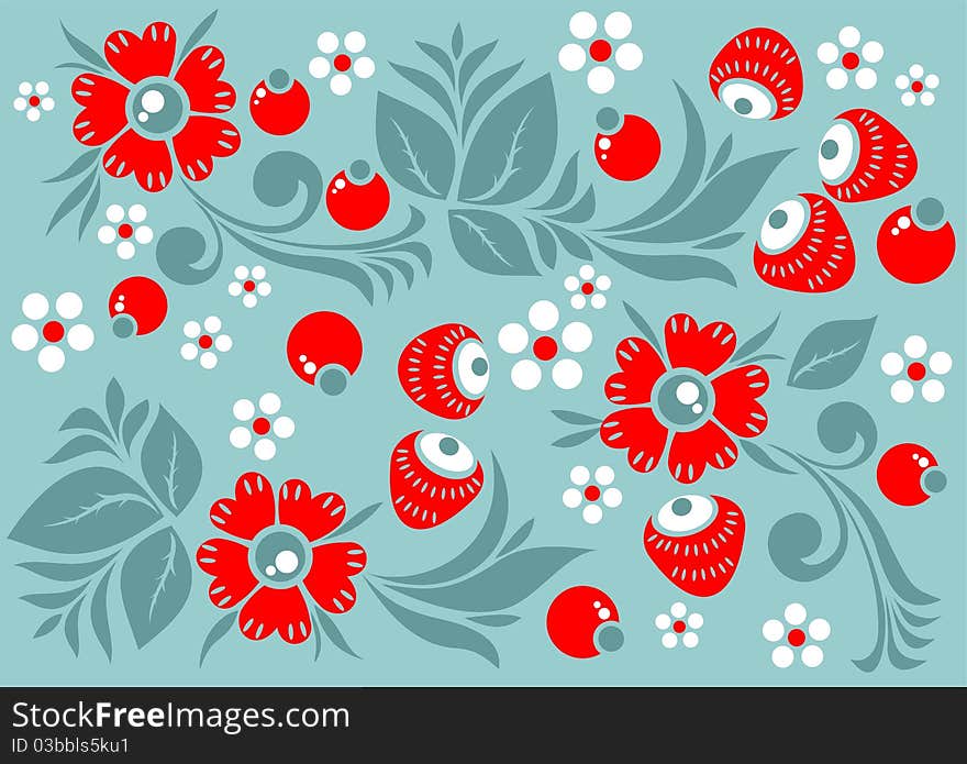 Stylized pattern with flowers and berries on a green background. Stylized pattern with flowers and berries on a green background.