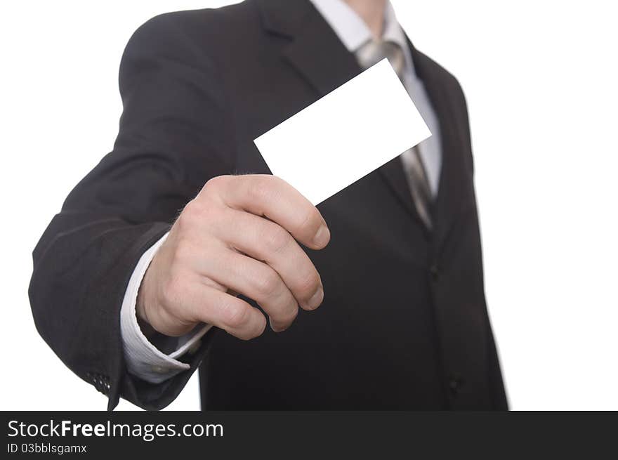 Businessman handing a blank business card over white