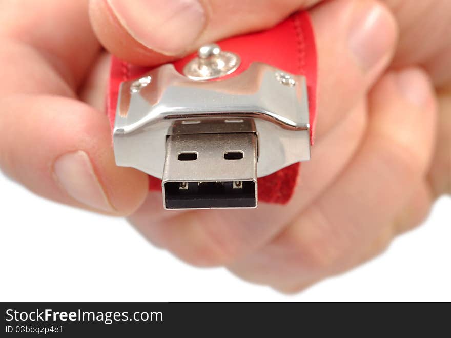 Make hand with mini USB drive isolated with clipping path on white background. Make hand with mini USB drive isolated with clipping path on white background