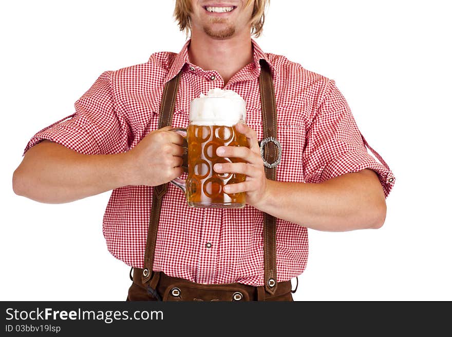 Bavarian man with leather trousers (Lederhose) holds Oktoberfest beer stein. Isolated on white background. Bavarian man with leather trousers (Lederhose) holds Oktoberfest beer stein. Isolated on white background.