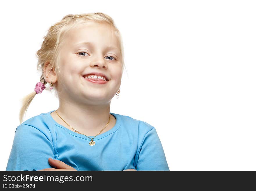 Cheerful Blond Girl Smiles Happy At Camera.