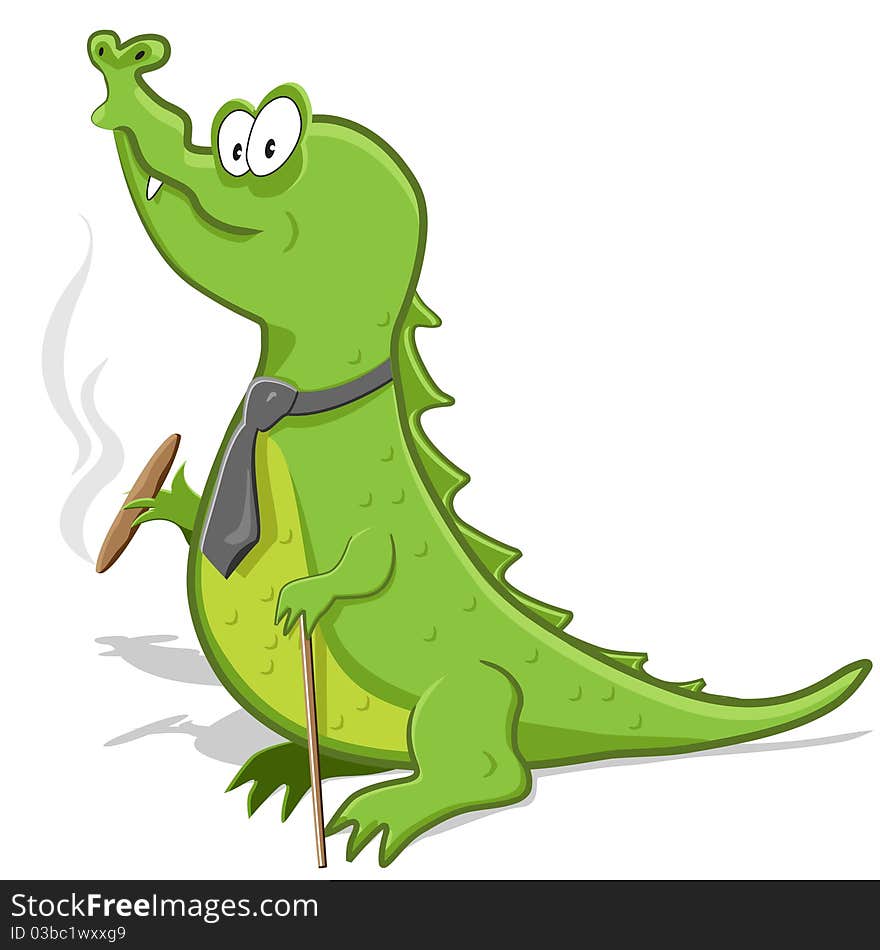 Illustration, green crocodile with cigar and walking stick