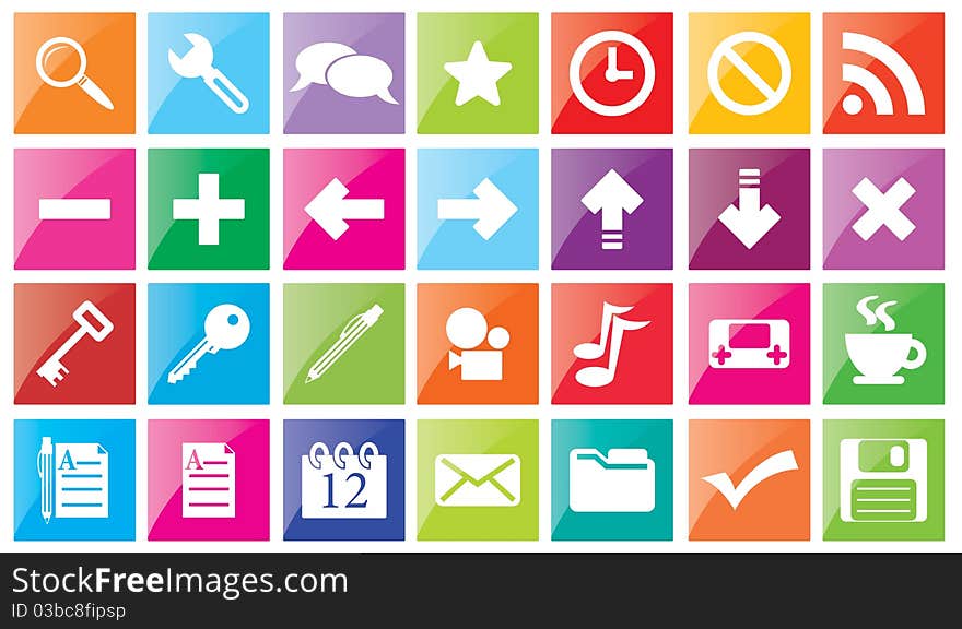 Colorful square buttons with white symbols for web. Colorful square buttons with white symbols for web