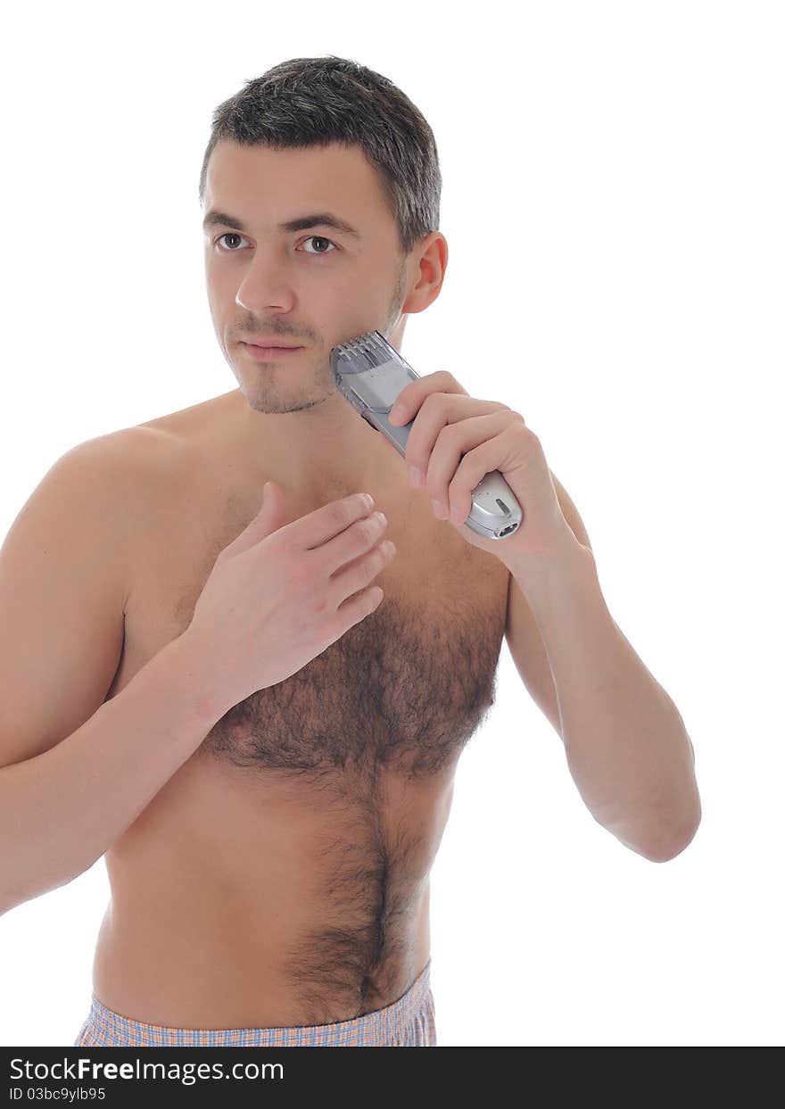 Young handsome male shaving face beard . isolated on white background