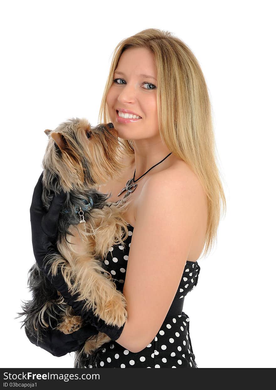 Beautiful girl and small cute york terrier dog