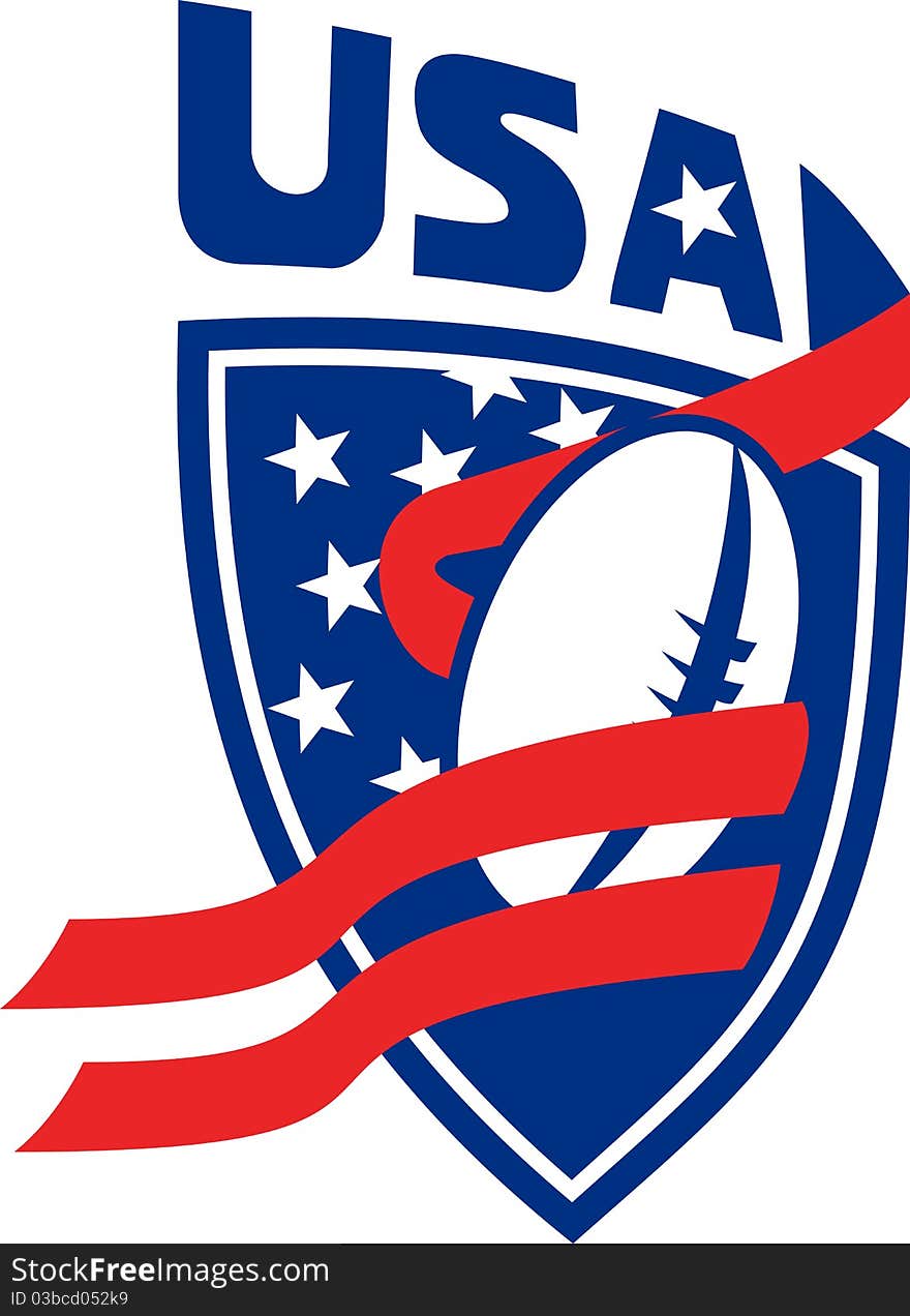 Illustration of a American rugby football ball with red ribbon stripe and stars shield with words USA