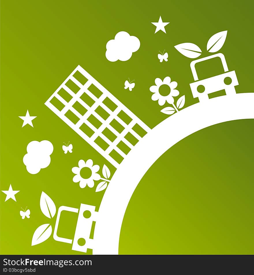 Green ecological illustration with cars and flowers