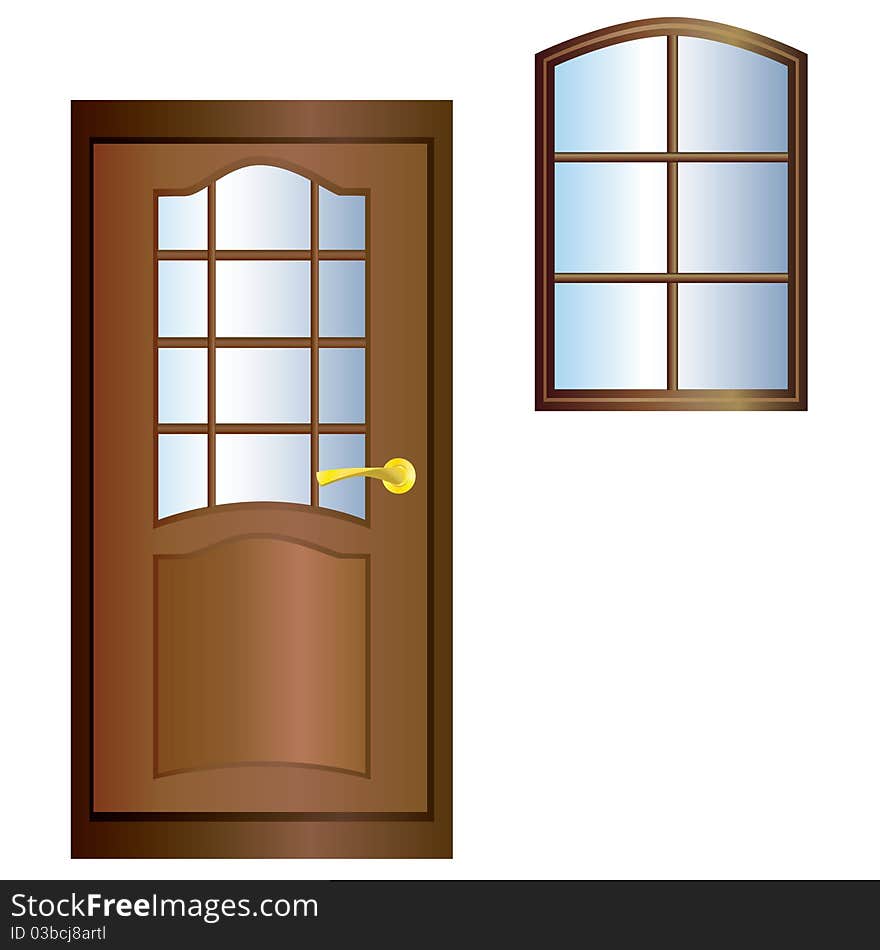 Isolated brown door with a golden handle and a window on a white background. Isolated brown door with a golden handle and a window on a white background.