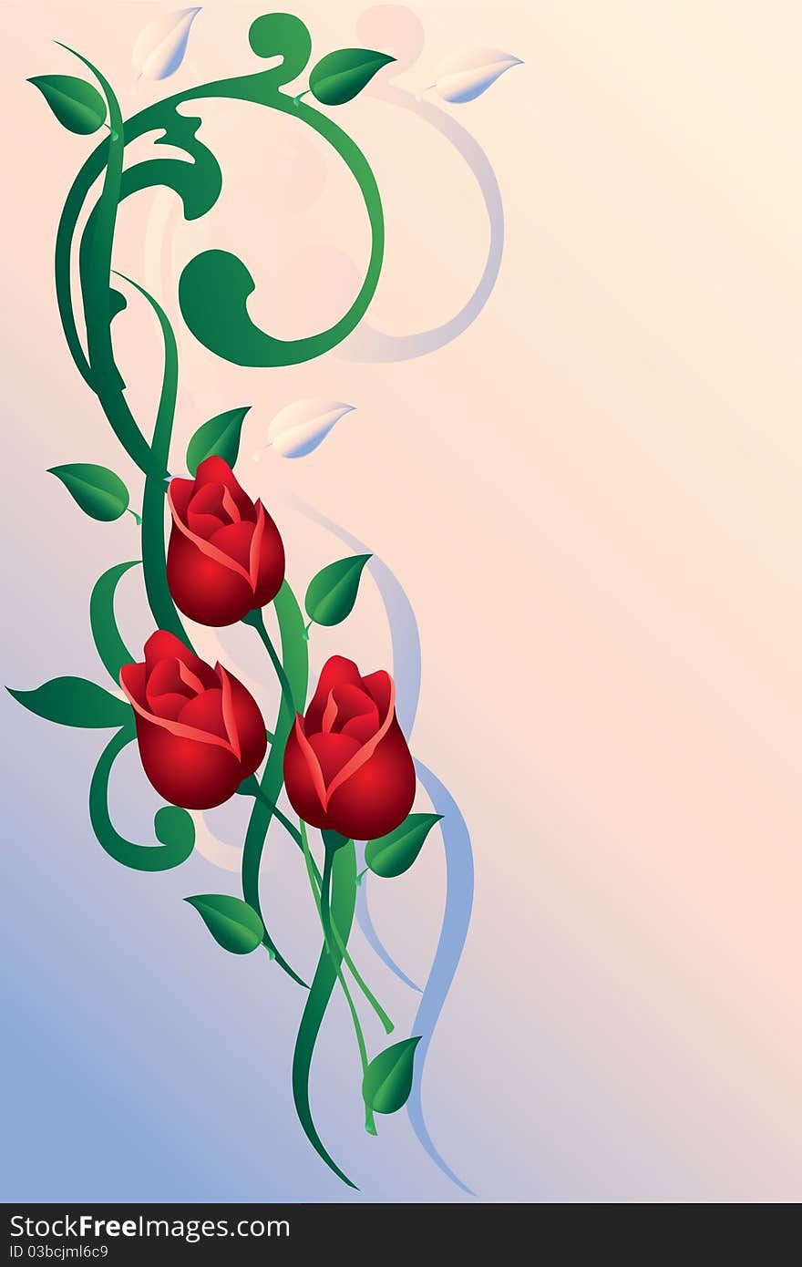 Ornament with buds of roses in pink-blue background.