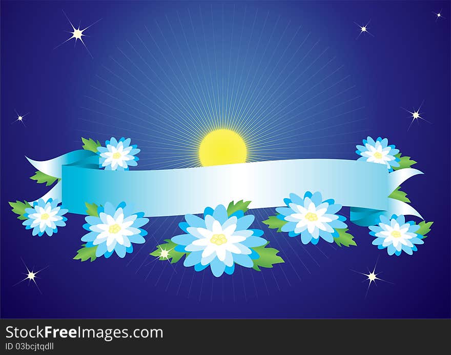 Blue banner and flowers on a blue background with the rays and stars. Blue banner and flowers on a blue background with the rays and stars.