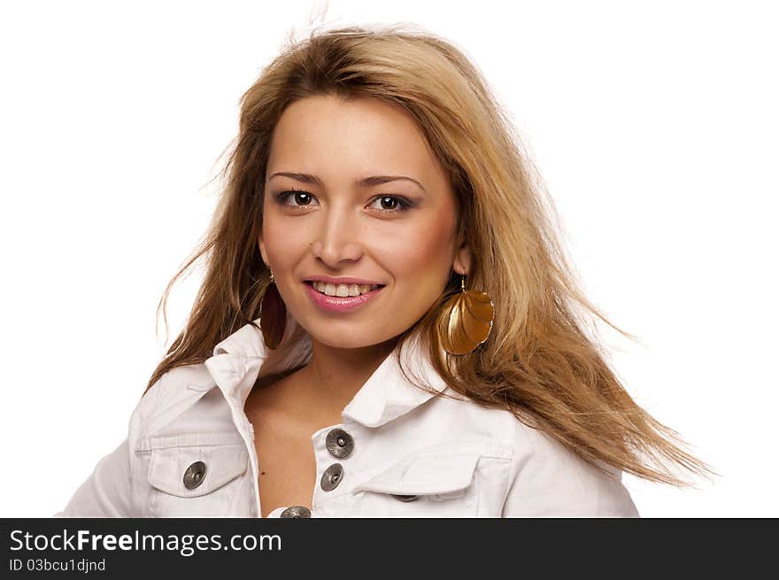 Smiling women with long blond hairs, isolated