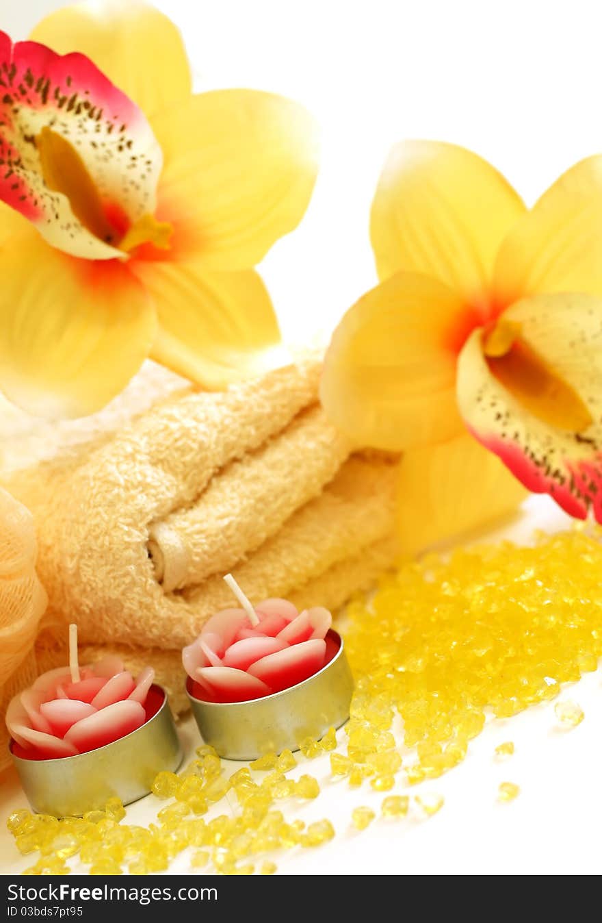 Bath Salt, Sponge And Flowers Isolated On White