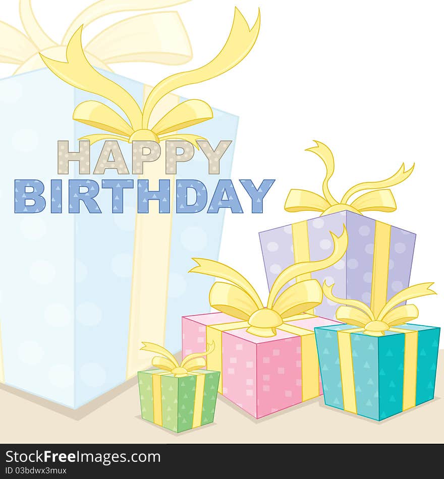 Illustration of happy birthday text with many gift boxes