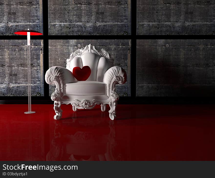 Modern interior design, nice composition with floor lamp, white classic armchair and red pillow in shape of heart, 3d render