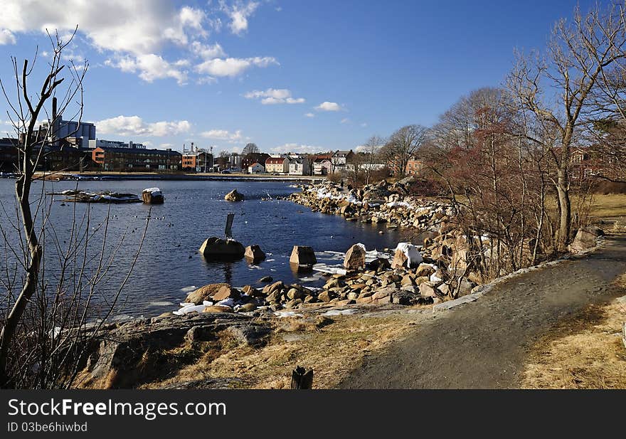 Spring sea bay in Southern City Karlshamn - view from the park. Spring sea bay in Southern City Karlshamn - view from the park