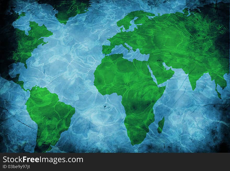 Illustration of world map on water texture