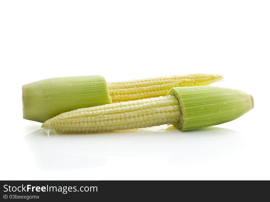 Fresh baby corns on white background