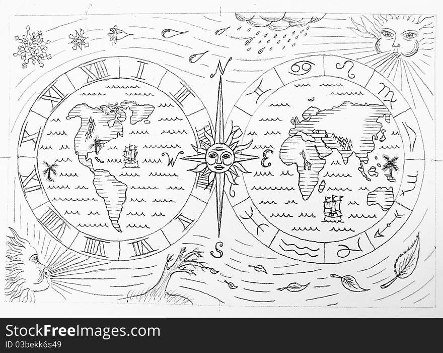 Drawing of vintage map with seasons