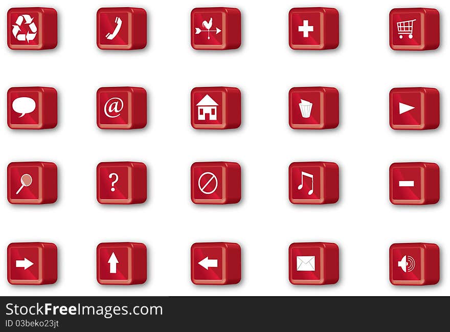 Red  square navigation button icons set. Red  square navigation button icons set