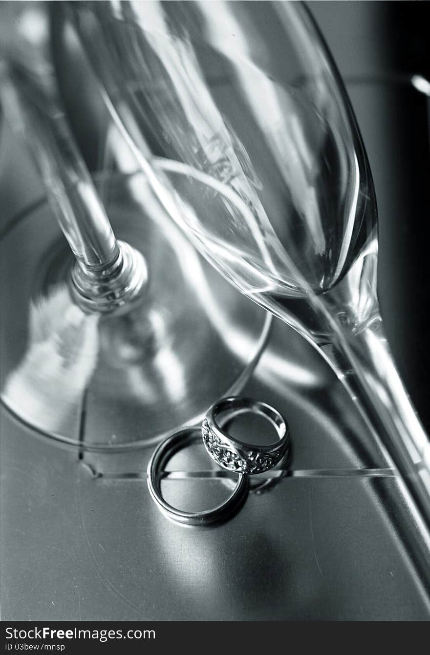 Wedding Rings and Champagne Flutes Black and White