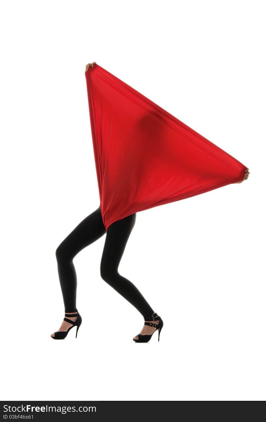 Woman in black tights with a red cloth isolated on white