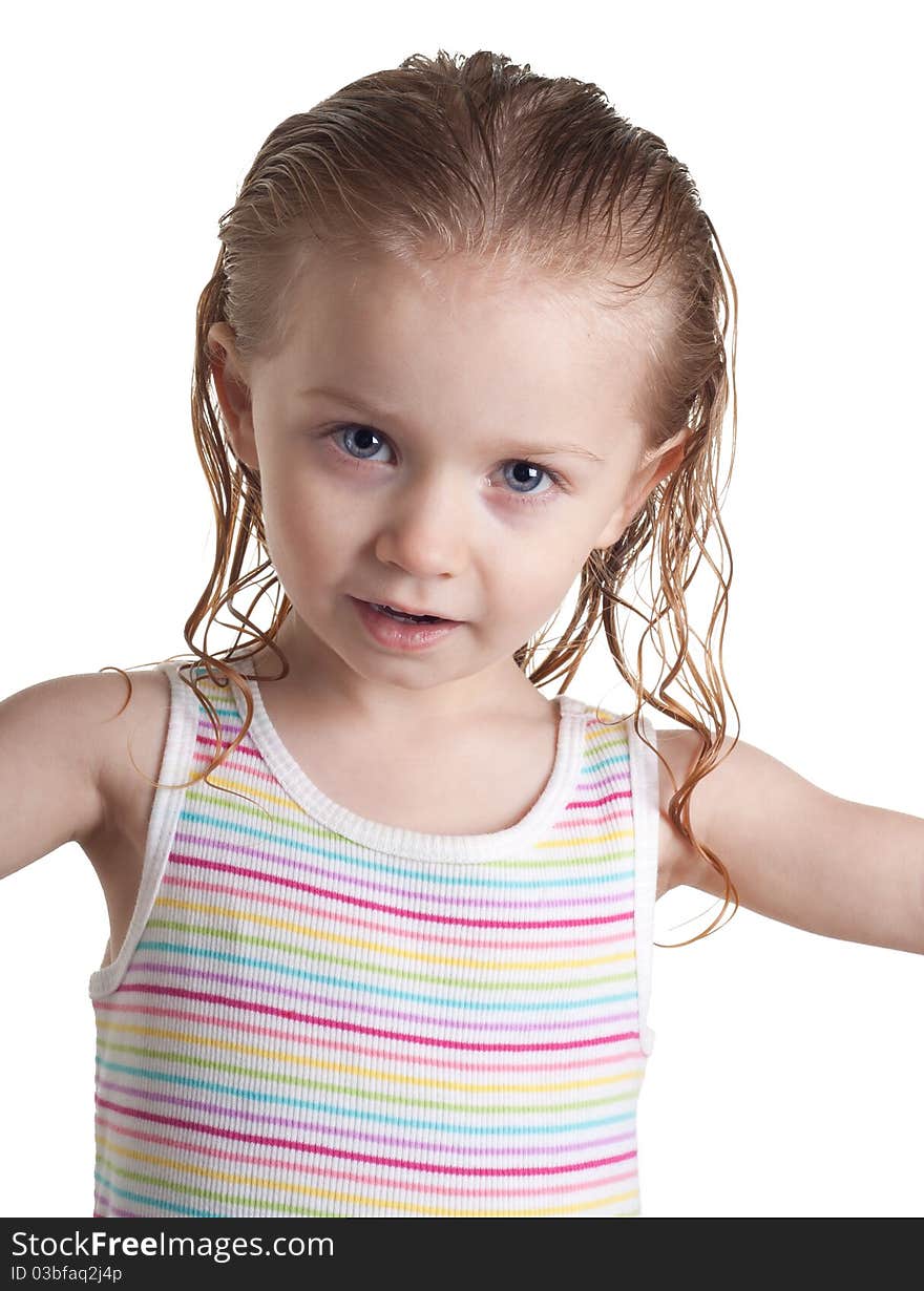 An isolation of a cool girl. She is wearing a striped shirt and very happy. An isolation of a cool girl. She is wearing a striped shirt and very happy.