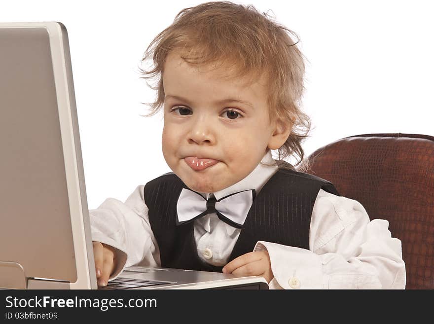 Little child and laptop Isolated on white background