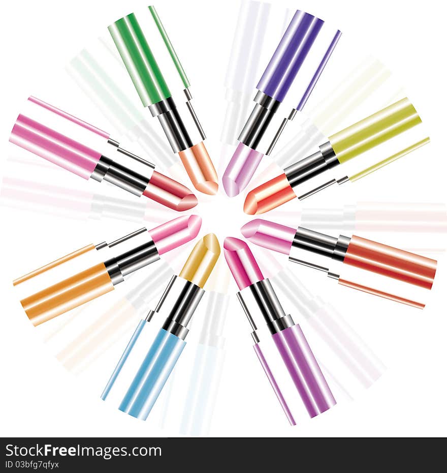 Lipsticks of different colors arranged circle-wise. Lipsticks of different colors arranged circle-wise