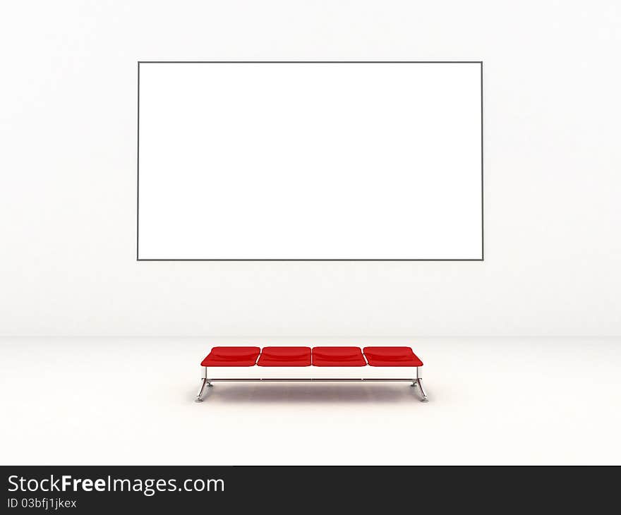 Empty white room with empty frame and red bench - realistic 3d render