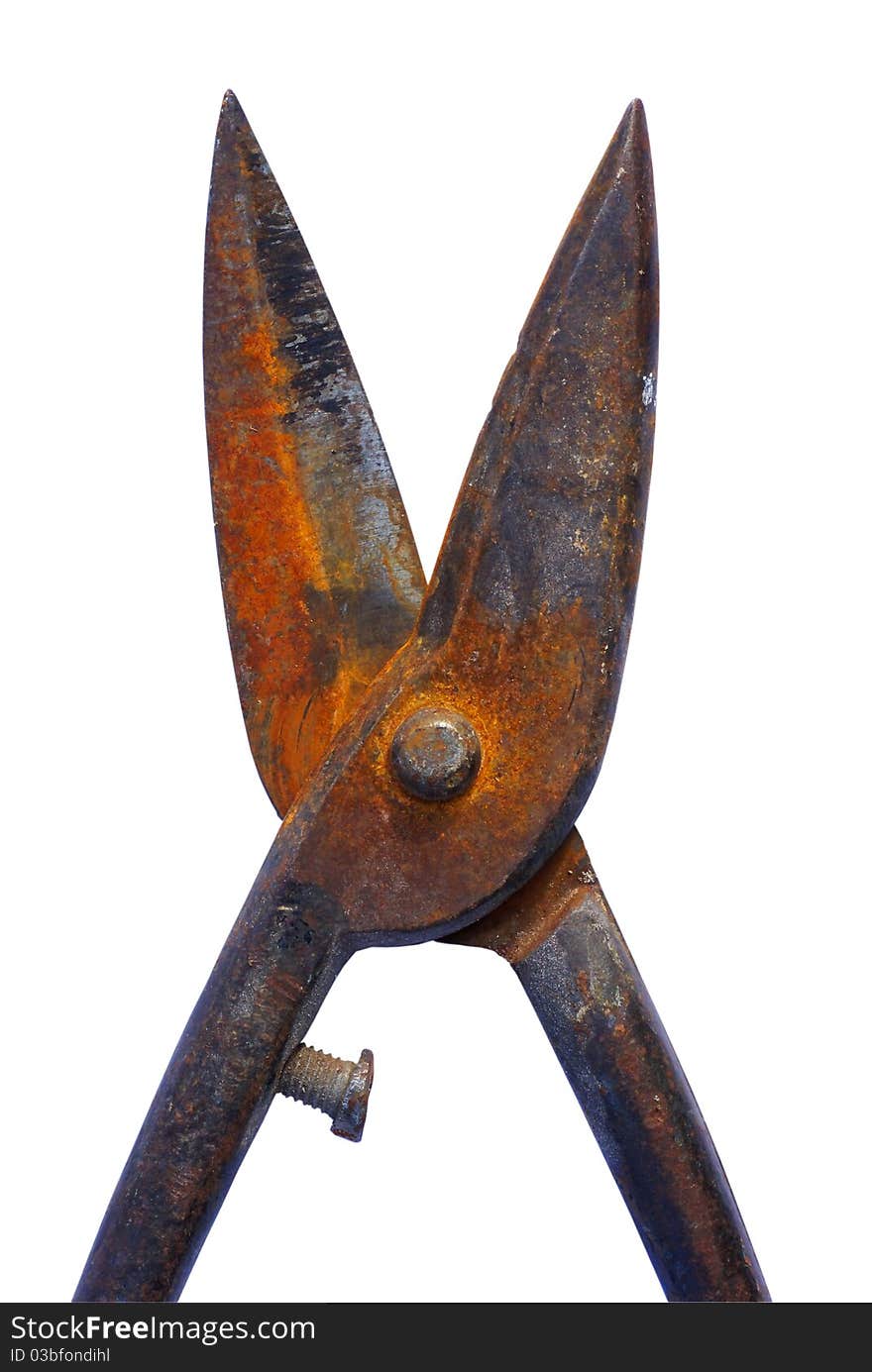 Old rusty tools, scissors, secateurs, isolated on a white background