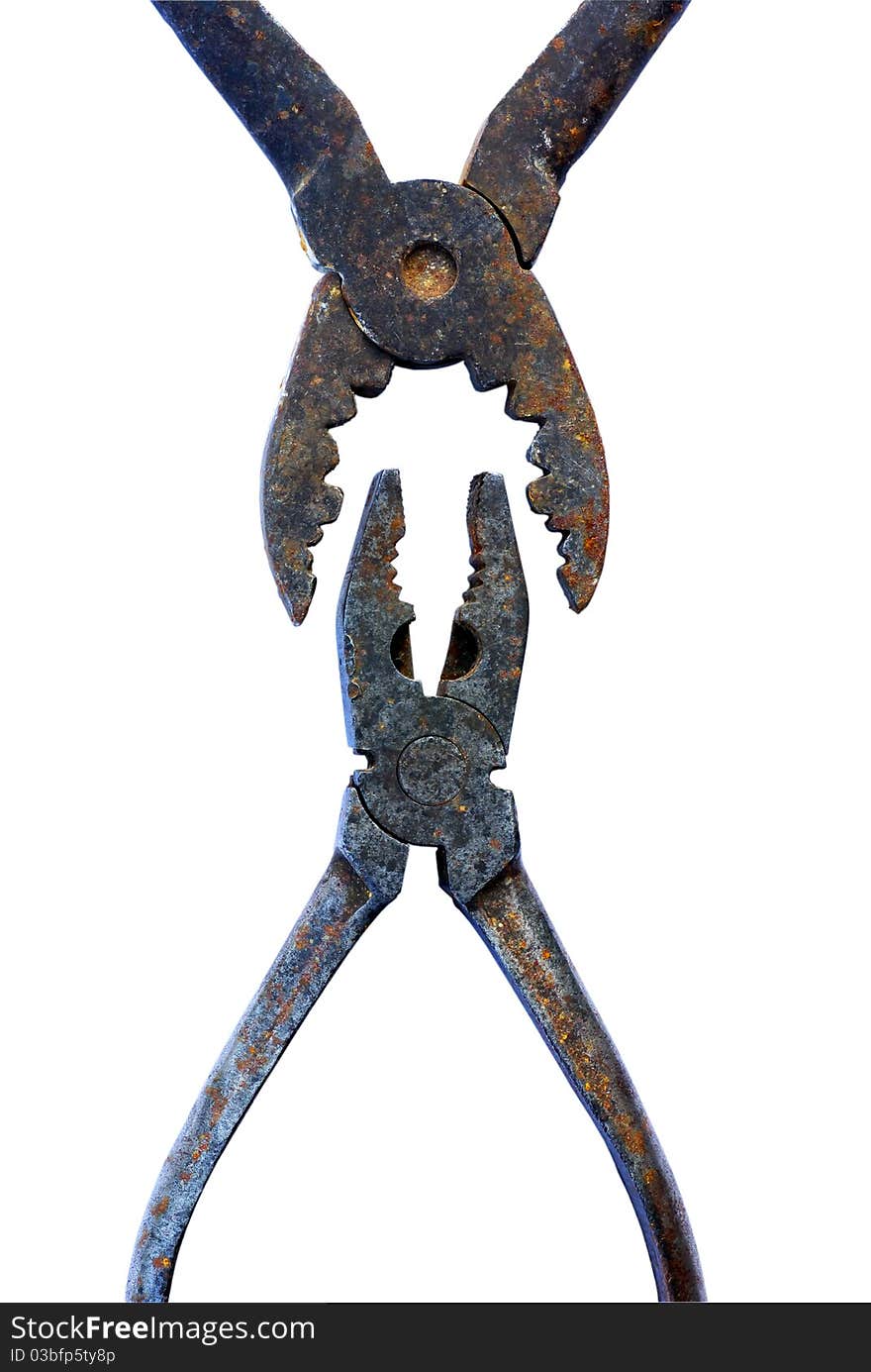 Old rusty tools, pliers, pincers, isolated on a white background