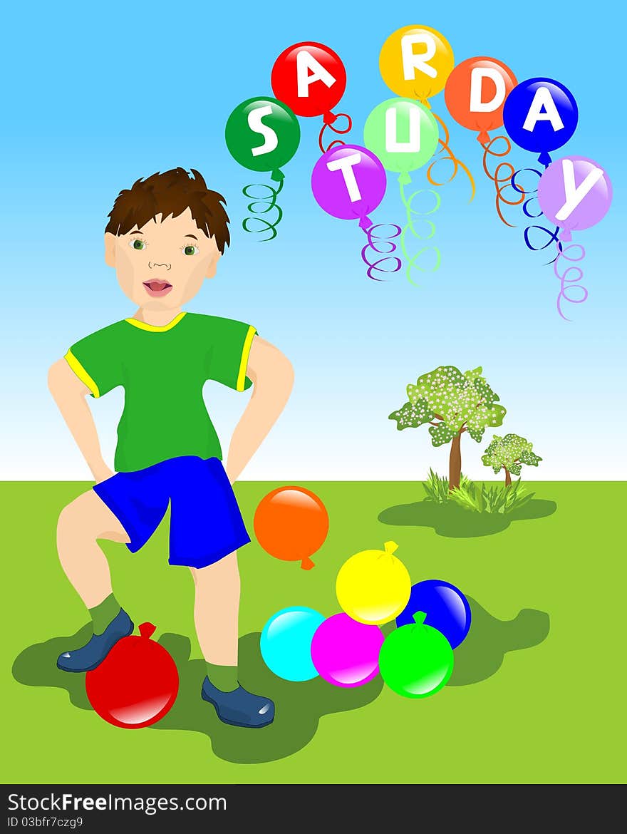 Boy playing with colored balloons and balloons with letters forming the word Saturday, vector format. Boy playing with colored balloons and balloons with letters forming the word Saturday, vector format